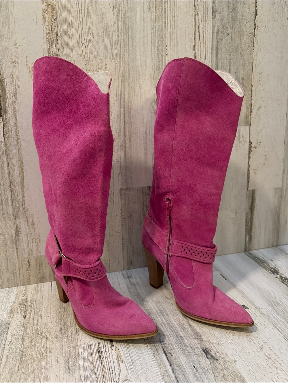 San Marina Suede Pink Tall Point Toe High Heel Buckle Zip Up Boot EU 37 US 6-6.5